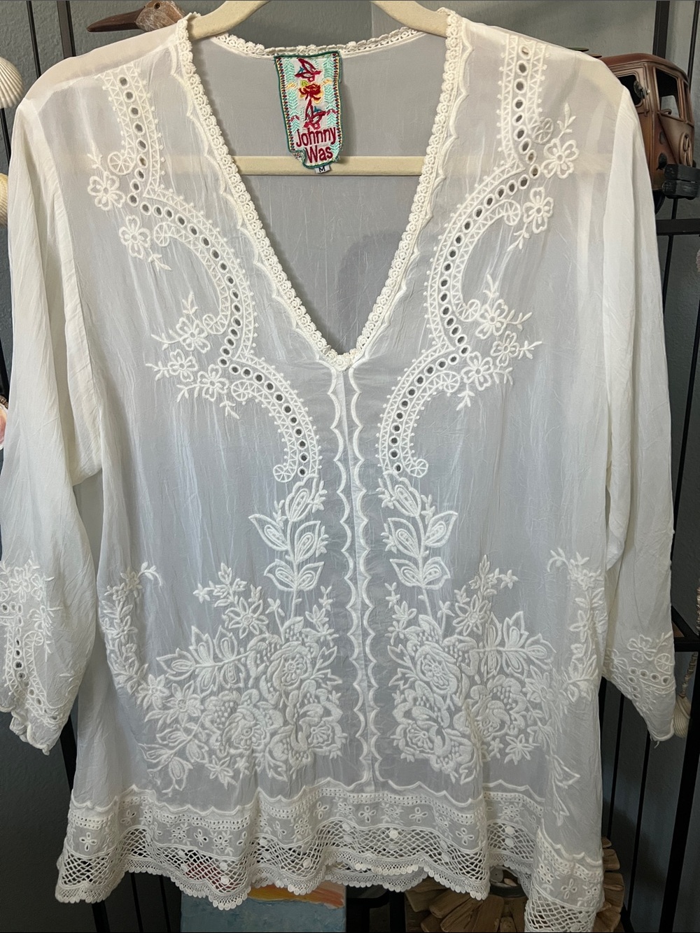 Johnny Was White Sheer Embroidered V-Neck Tunic